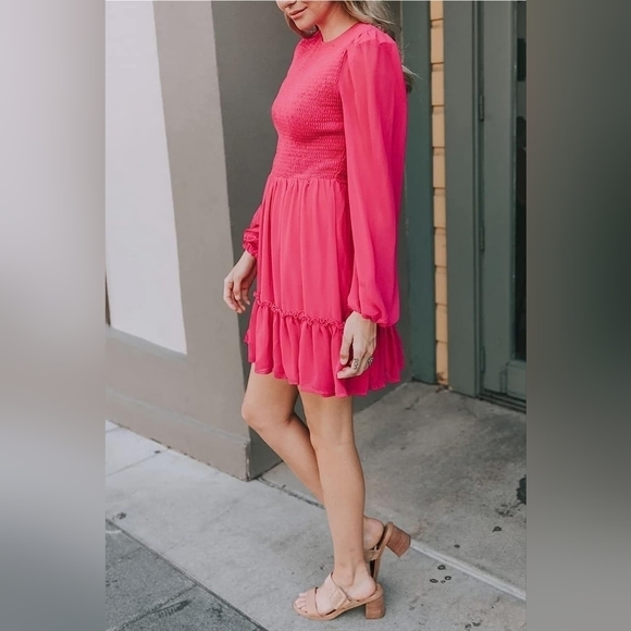 Crewneck Long Sleeve Smocked Ruffle Hem Dress A-Line Flowy Mini Tiered D… - Picture 9 of 10